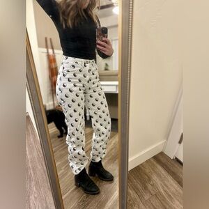 White Pants with Yin Yang Pattern High Rise, Baggy Fit